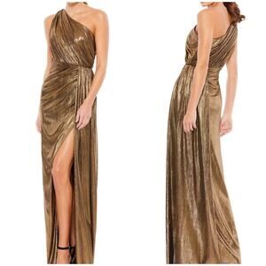 Mac Duggal IEENA NWT One Shoulder Grecian Metallic Antique Gown Gold Size 14